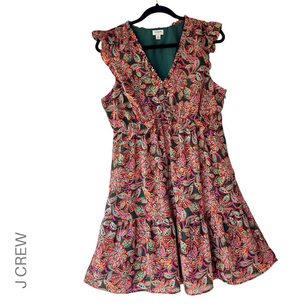J CREW | NWOT FLORAL RUFFLE V-NECK DRESS FLUTTER CAP SLEEVE LINED | SIZE 12